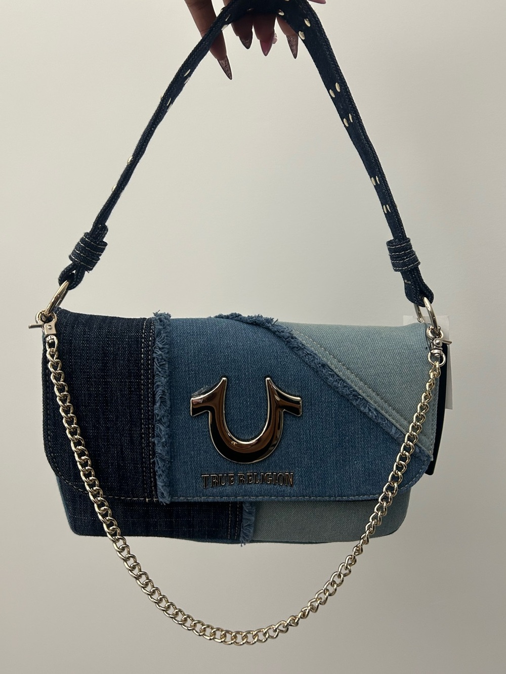 True Religion Patchwork Denim Shoulder Bag in Multi-Blue